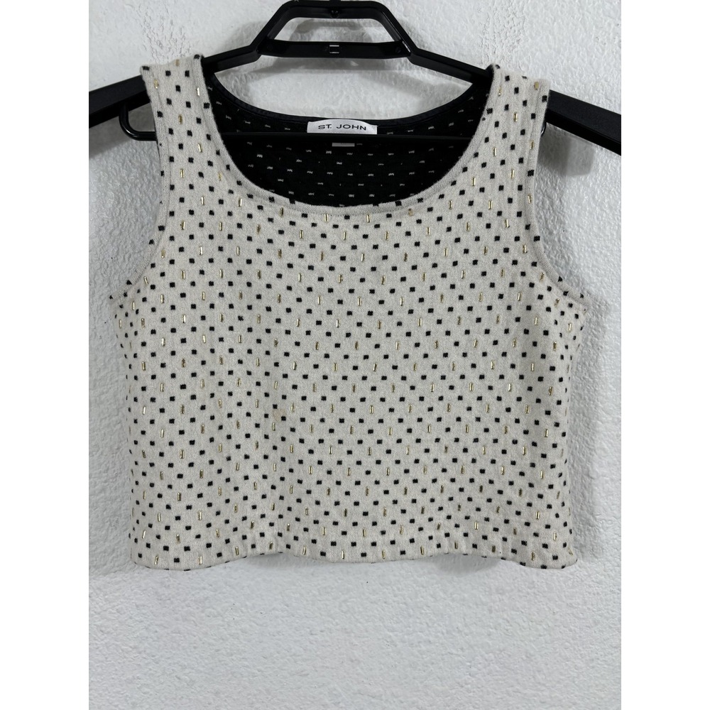 St. John Sweater Womens Medium Ivory Sleeveless Cropped Knit Tank Beaded Gold